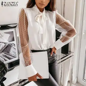ZANZEA Femei Elegante Bluze din Satin 2021 Vara OL Office Lady Lace Up Tricouri Casual Vedea Prin Plasă Solidă Topuri Plus Dimensiune 5XL