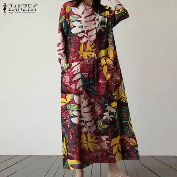 ZANZEA Femei Rochie de Toamna cu Maneci Lungi Bumbac Lenjerie de pat Sundress Vintage Florale Imprimate Vrac Mult Vestido Caftan Supradimensionat Femme Halat