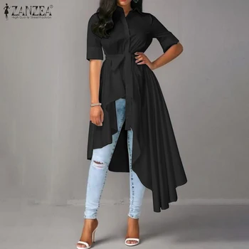 ZANZEA Tunica de Vara Topuri de Moda Centura Ridicat Scăzut Bluza Solidă Tricou Asimetric Vestidos Femei Casual cu Maneci Scurte Blusas Combinezon