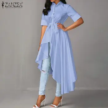 ZANZEA Tunica de Vara Topuri de Moda Centura Ridicat Scăzut Bluza Solidă Tricou Asimetric Vestidos Femei Casual cu Maneci Scurte Blusas Combinezon