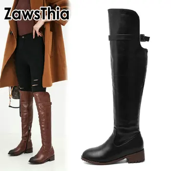 ZawsThia 2020 femeie pantofi de iarna indesata tocuri joase maro negru PU femei punk cal de echitatie cizme confortabile, lejere genunchi-cizme înalte