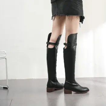 ZawsThia 2020 femeie pantofi de iarna indesata tocuri joase maro negru PU femei punk cal de echitatie cizme confortabile, lejere genunchi-cizme înalte