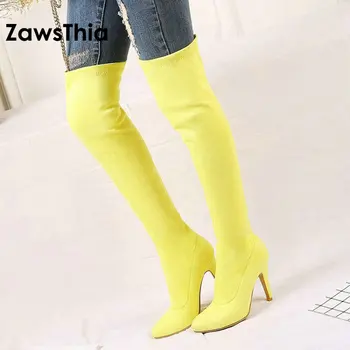 ZawsThia 2020 iarna plina de culoare galben mov roz toc subțire de mare femeie pantofi peste genunchi ridicat cizme femei, cizme overknee 33-45