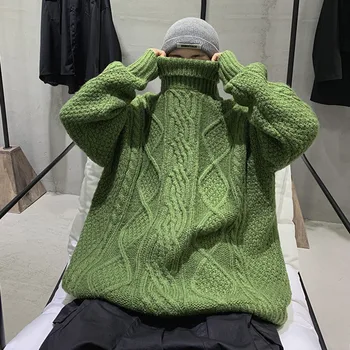 ZAZOMDE de Culoare Solidă pentru Bărbați Pulover Tricotate 2020 Iarna Moda High Street pulover Pulover Cald coreean Bărbați Pulover Verde, larg