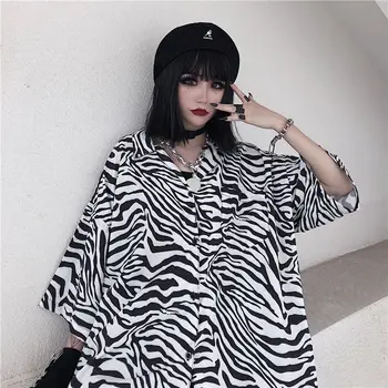 Zebra de Imprimare de Moda de Stradă Tricou Femei Guler de Turn-down Stil Vintage pentru Femei Cămăși cu Mâneci Scurte Bluze Harajuku Pânză Femei