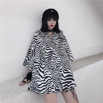 Zebra de Imprimare de Moda de Stradă Tricou Femei Guler de Turn-down Stil Vintage pentru Femei Cămăși cu Mâneci Scurte Bluze Harajuku Pânză Femei