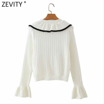 Zevity 2021 Femei Dulce Mozaic Alb Negru Volane Cardigan Tricotat Pulover Feminin Chic Flare Sleeve Casual Slim Topuri S646