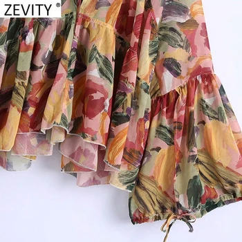 Zevity 2021 Femei Tropical Flower Print protecție Solară Șifon Bluza Bluza Feminin V Gât Flare Sleeve Tricouri Chic Blusas Topuri LS7710