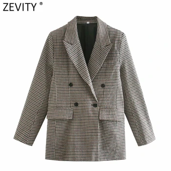 Zevity Femei Vintage Print Carouri Dublu Pieptul Blazer Coat Doamne de Birou cu Maneca Lunga Uza Costume de Afaceri Toamna Topuri CT619