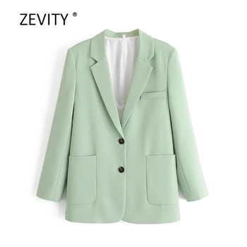 Zevity Noi femei culoare solidă buzunare de patch-uri sacou office femei cu maneci lungi rânduri de costume de cauzalitate elegant uza haina topuri C513