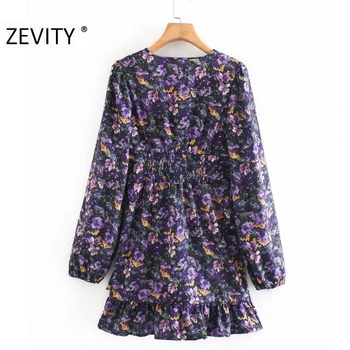 Zevity Toamna Noua Femei Vintage V Gât Violet Floare de Imprimare tiv Neregulate Volane Rochie mini Doamnelor Pliuri Elegante Vestido DS4552