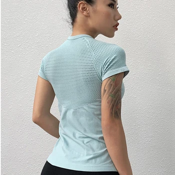 Zhangyunuo Sală de Fitness Active Wear Sport Femei Goale T-shirt Solid Lombare Topuri de Cultură Antrenament Strâns Mâneci Scurte Yoga Tricouri