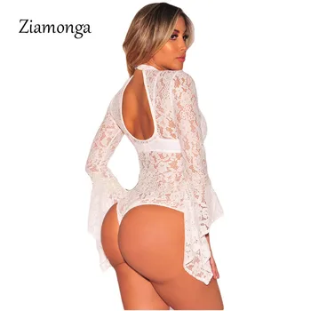 Ziamonga Toamna Combinaison Femme Negru Alb Pur Florale Dantela Body Maneca Clopot Guler Body Maneca Lunga Body Mujer