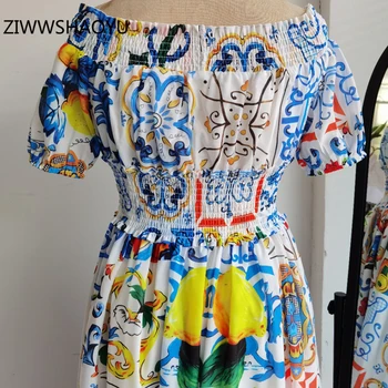 ZIWWSHAOYU Vara Femei Plus Dimensiune Rochii Midi Designer de Moda Talie Elastic Albastru Și Alb Portelan de Imprimare de Pe Umăr Rochie