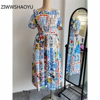 ZIWWSHAOYU Vara Femei Plus Dimensiune Rochii Midi Designer de Moda Talie Elastic Albastru Și Alb Portelan de Imprimare de Pe Umăr Rochie