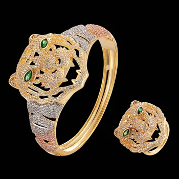 Zlxgirl bijuterii clasic femei și bărbați tigru forma animale de cupru brățară cu inel seturi de bijuterii mirco pavate zircon brățară brățară