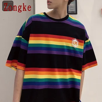 Zongke 2021 Noi de Vara din Bumbac cu Maneci Scurte T Shirt pentru Bărbați Tricou cu Dungi Colorate Topuri Casual Moda de sex Masculin Amuzant pentru Bărbați T-Shirt M-2XL