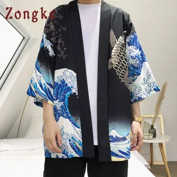 Zongke Kimono Japonez Cardigan Barbati Val și Crap de Imprimare Cardigan Lung Chimono Bărbați Subțire Mens Kimono Cardigan Jacheta Haina 2021