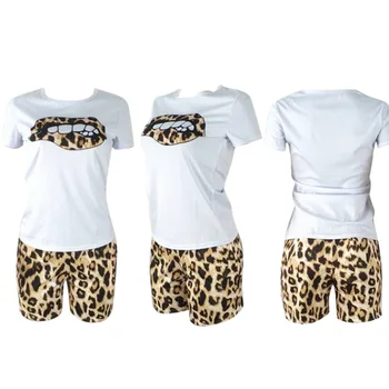 ZOOEFFBB Plus Dimensiune Două Bucata Set pentru Femei Trening Buzele Maneca Scurta Top Leopard Pantaloni trening 2 Buc Costume de Potrivire Seturi