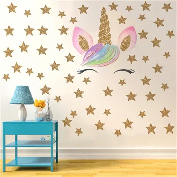 Zâmbet de desene animate Unicornul Autocolant de Perete pentru Camera Copii Dormitoare Vinil DIY Auto-adeziv Tapet Stele de Aur Artă Decalcomanii de Decor Pepinieră