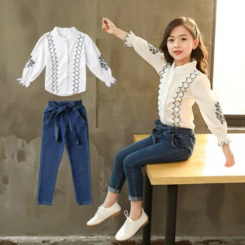 Îmbrăcăminte pentru copii Costum de Toamna Noi 2020 Copii Fete Stil coreean cu mâneci Lungi Dantela Print Camasa + Pantaloni din Denim Seturi de 2 buc