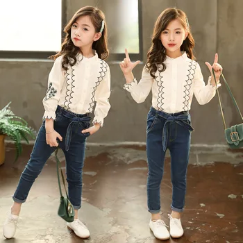 Îmbrăcăminte pentru copii Costum de Toamna Noi 2020 Copii Fete Stil coreean cu mâneci Lungi Dantela Print Camasa + Pantaloni din Denim Seturi de 2 buc