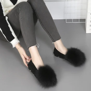 În 2020, cele mai Noi blană de vulpe mingea platforma pantofi femei cu fund gros mocasini apartamente confort pluș aluneca pe leneș liane cu blană espadrile