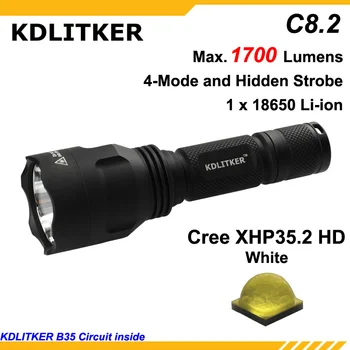 În 2020, cele mai Noi KDLITKER C8.2 Cree XHP35.2 HD 1700 Lumeni 5-Mode LED Lanterna - Negru ( 1x18650 )