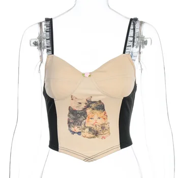 În 2020, Noi Sosiri De Vară De Moda Sexy Curea De Spaghete U Guler De Imprimare Pisica High Street Femei Topuri Camis