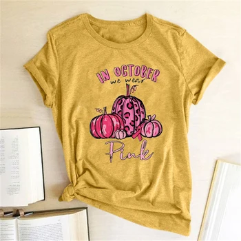 În octombrie Ne-am Purta Roz Dovleci de Imprimare T-shirt Femei Topuri de Vara pentru Fete de Gât O Femeie Tricouri Estetic de Moda Haine Femme